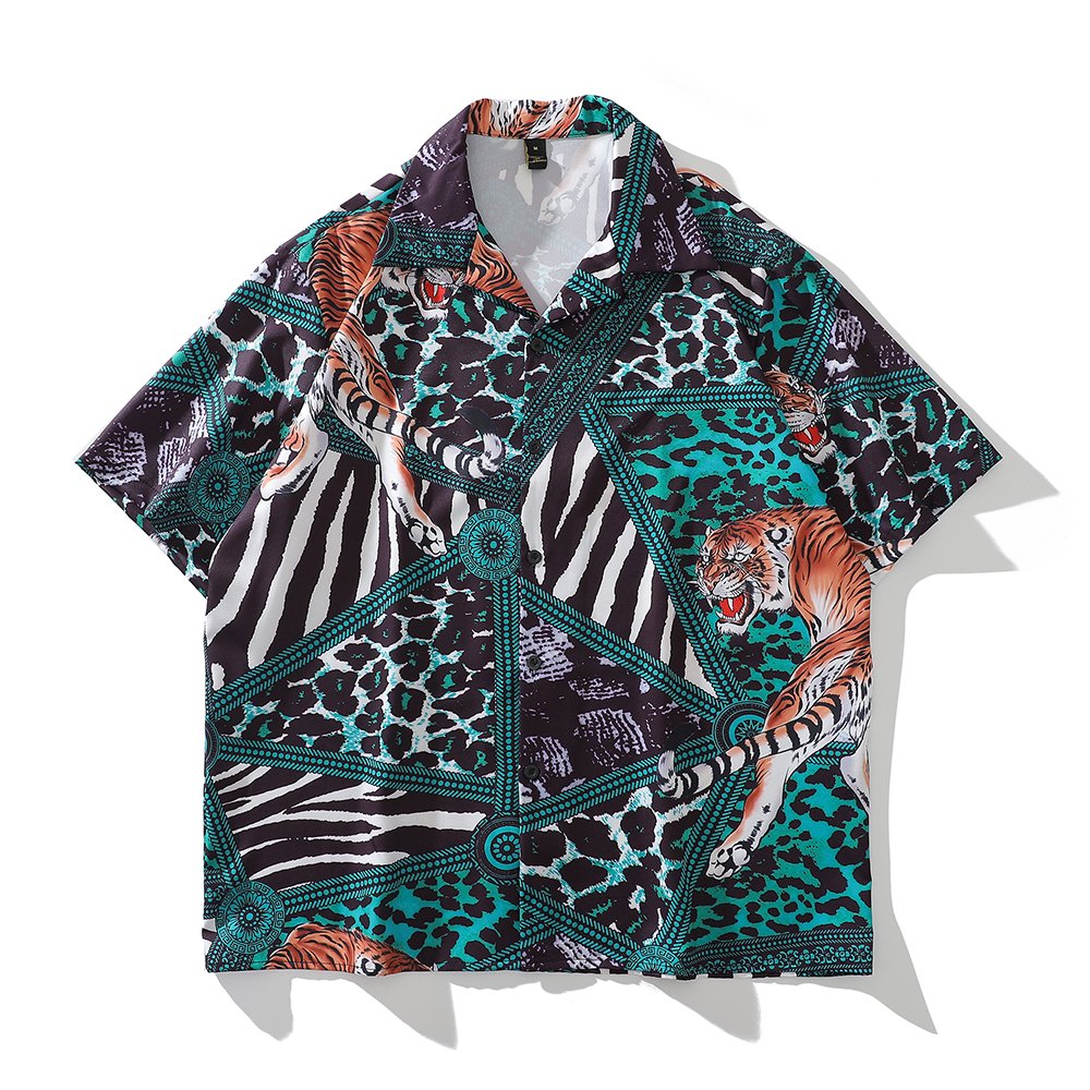 Geometric Patchwork Tiger Printed Hawaiian Shirt