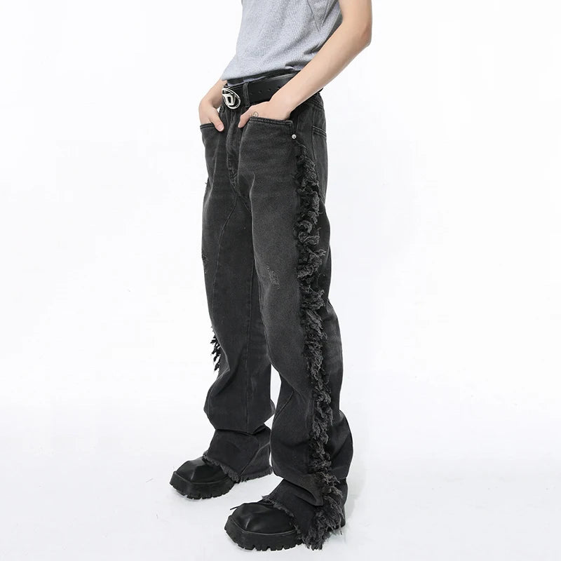 Black Ragged Edge Splicing Denim Jeans