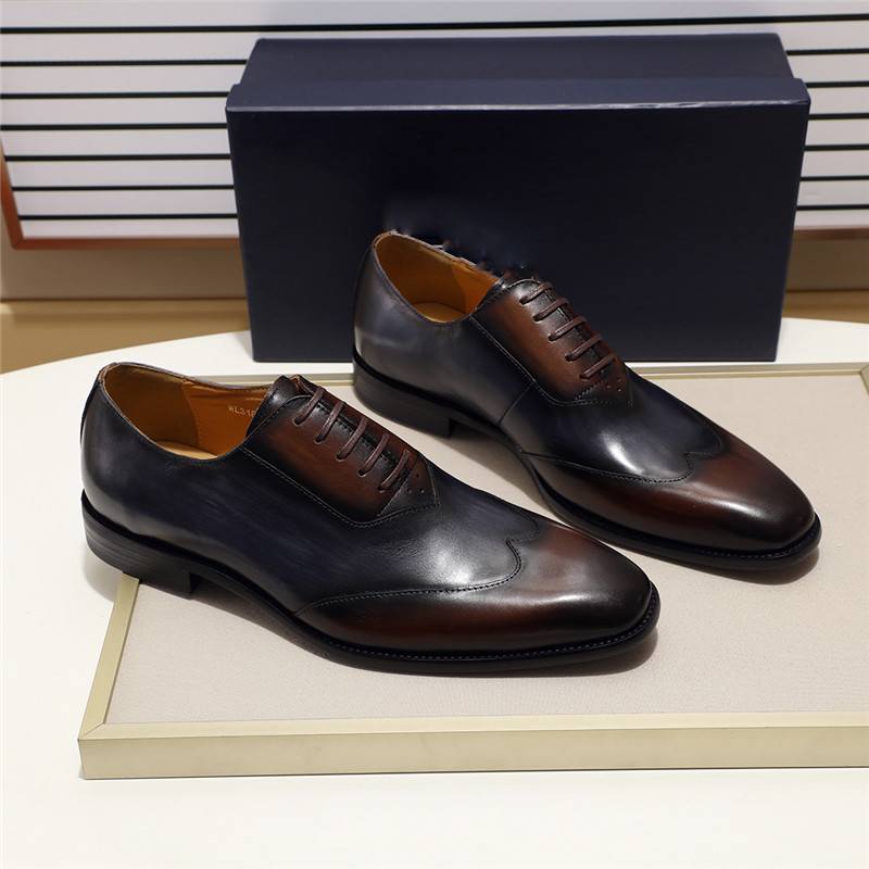 Brown Blue Genuine Leather Formal Style Men Oxfords Shoes