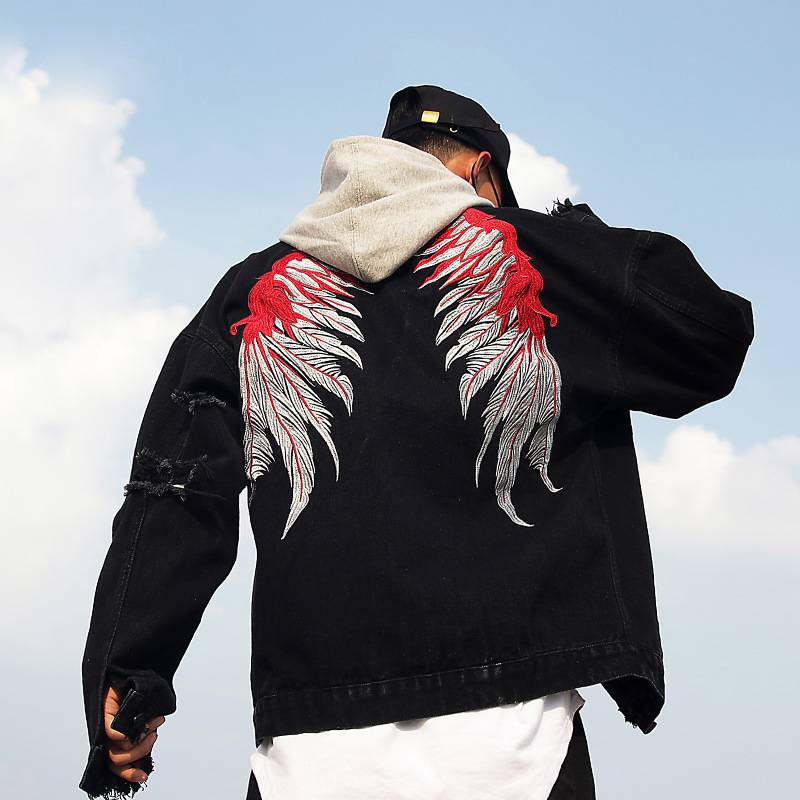 Distressed Casual Wings Embroidery Back Details Men Jacket