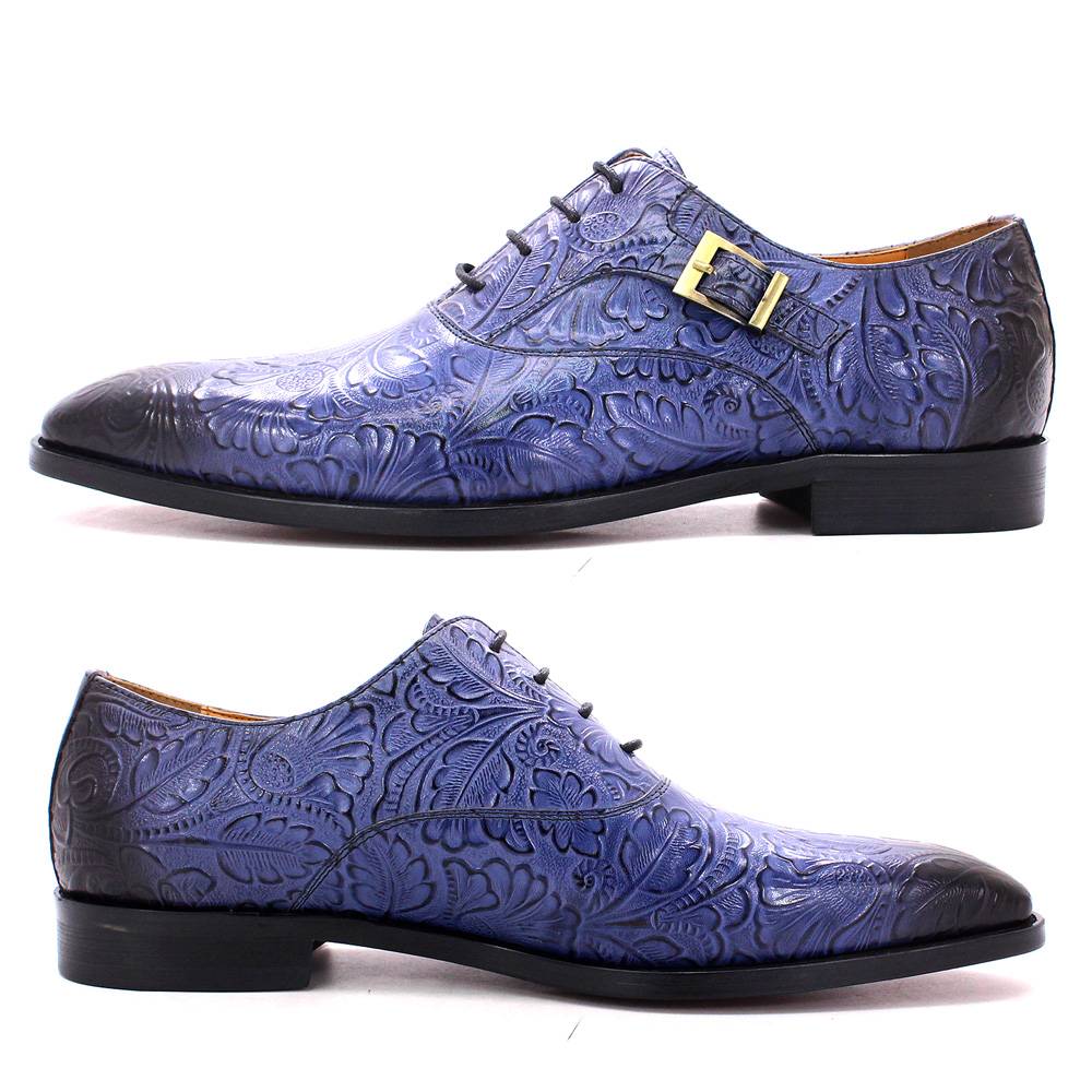 Blue Floral Design Buckle Lace-Up Oxford Shoes