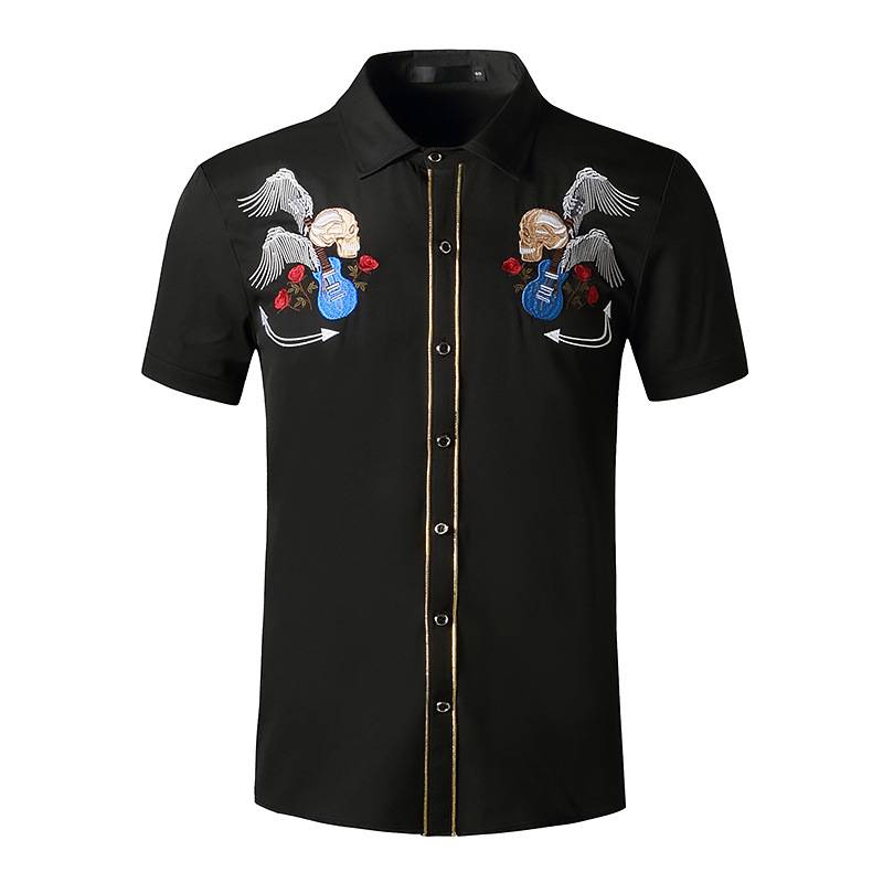 Skulls With Wings Embroidery Decorated Shirt