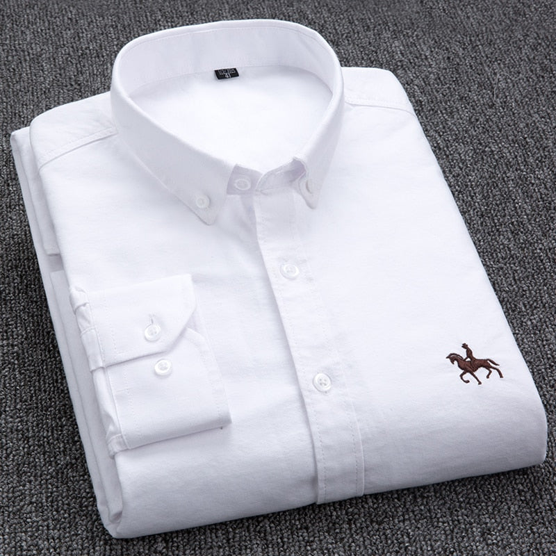 Embroidery Horse Pocket Solid Turn-Down Collar Shirt