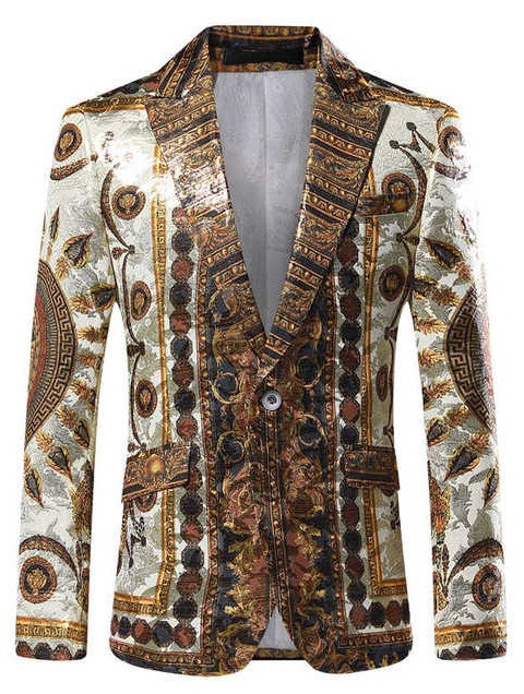 Autumn Gold Pattern Slim Fit Stage Style Men Blazer