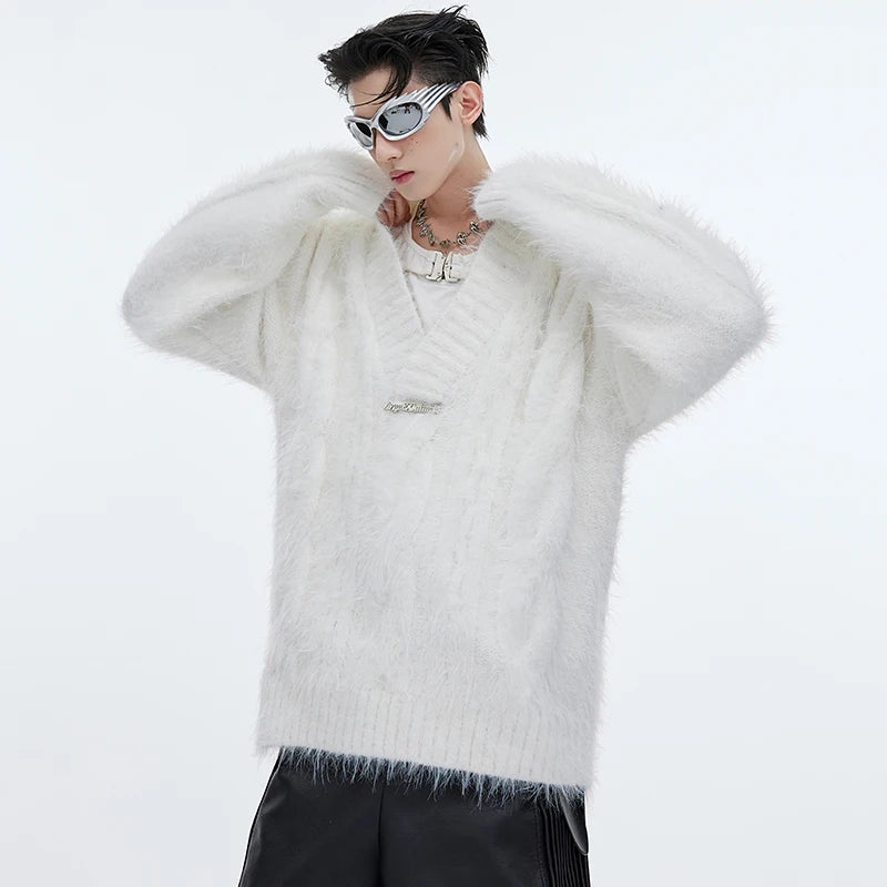 Faux Mink Fur V-Neck Loose Sweater