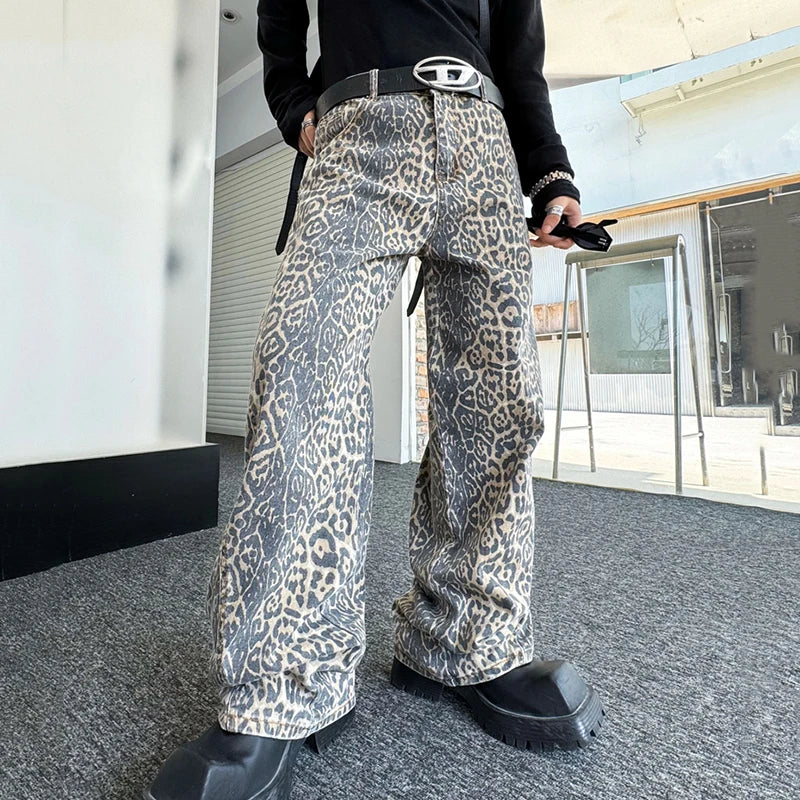 Leopard Pattern Mid-Waist Loose Jeans