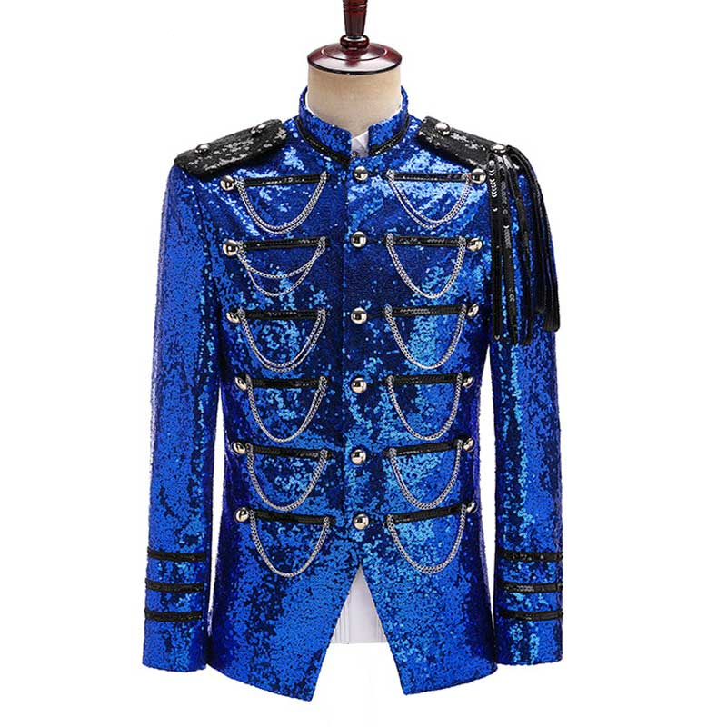 Royal Blue Sequin Cotton Polyester Military Style Blazer