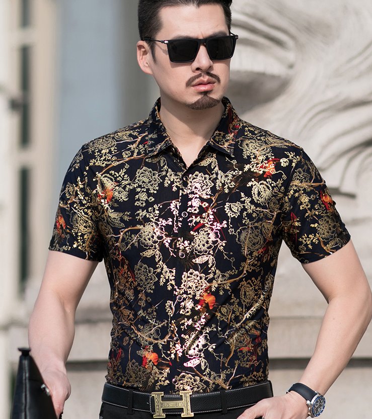 Gold Floral Printed Polyester Shirt