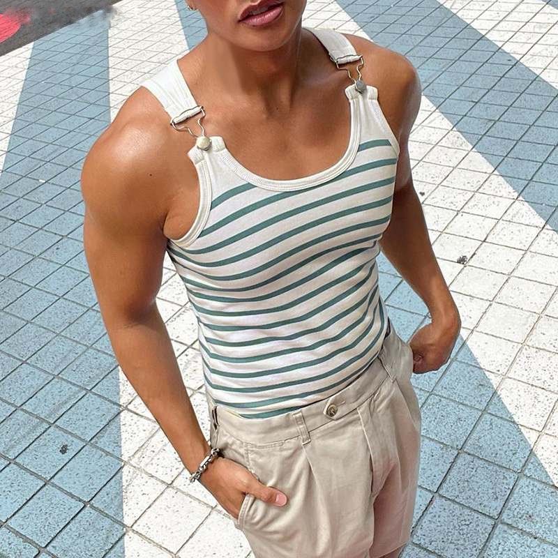 Horizontal Stripe Buckle Tank Top