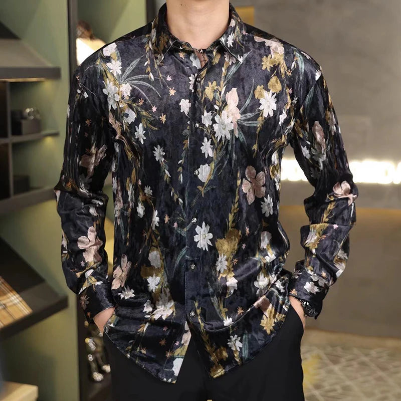 Polyester Black Floral Long Sleeve Shirt