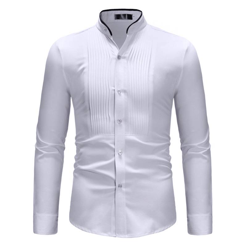 Plain Color Lines Decorated Mandarin Collar Shirt