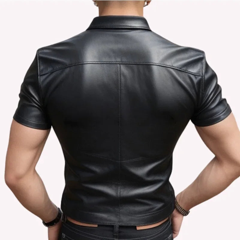 Solid Black Leather Zipper Shirt