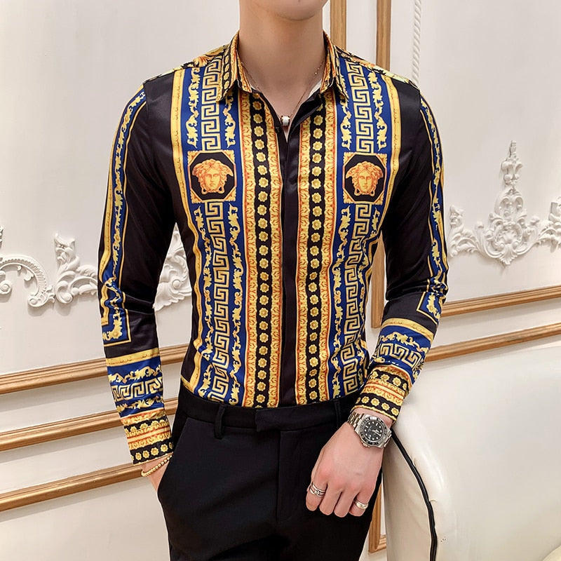 Two Gold Tile Flower Style Men Long Sleeve Shirt