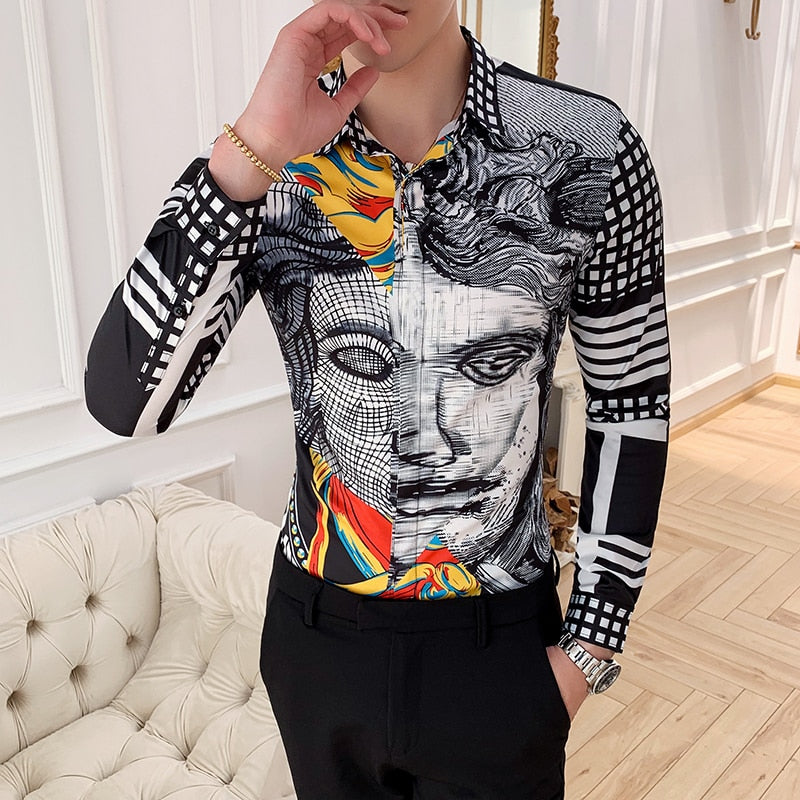 Man Face Printing Colour Splice Design Men Shirt