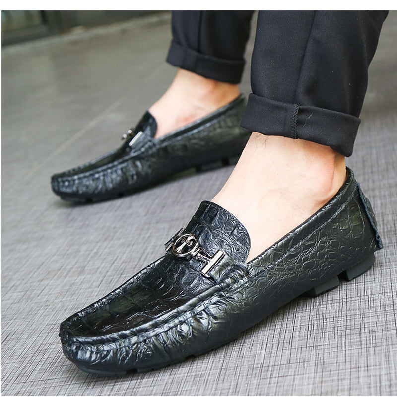 Croco Embossed PU Leather Men Moccasins Shoes with Cross Buckle Detail - FanFreakz