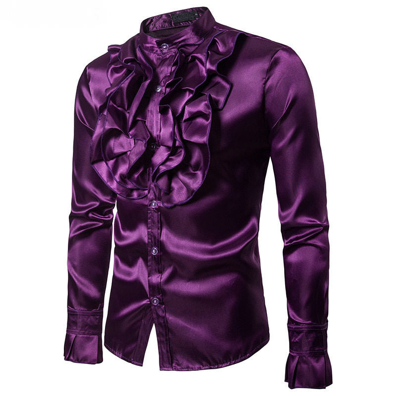 Satin Solid Glow with Ruffles Detail Men Long Sleeves Shirt