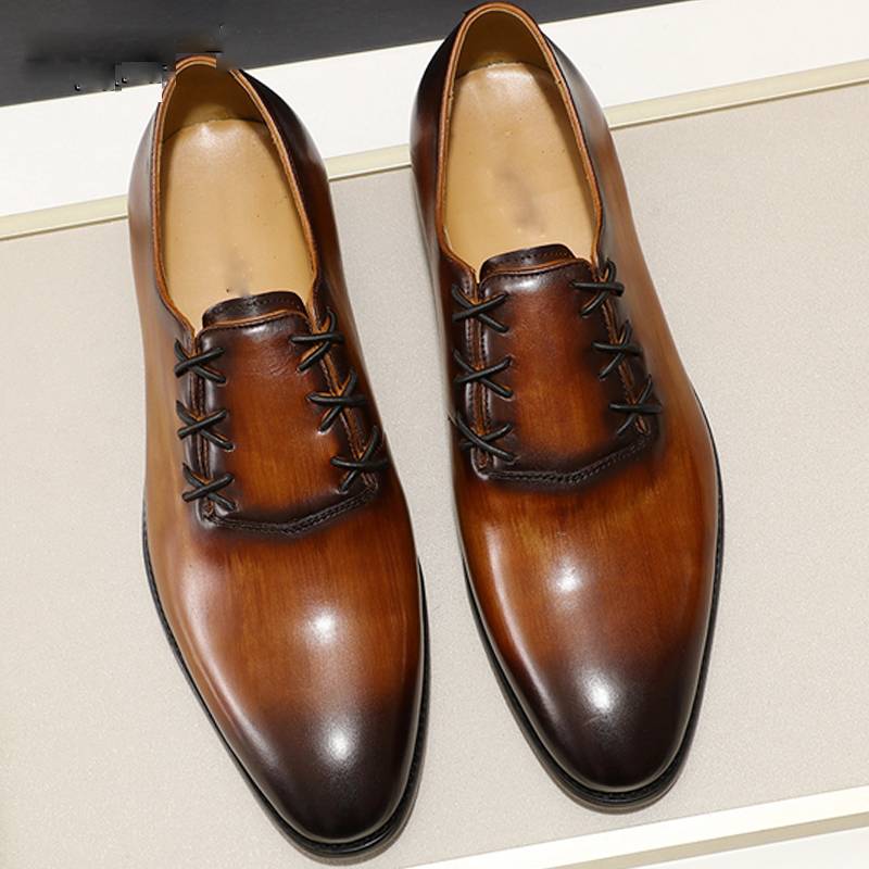 Pointed Toe Genuine Leather Criss Cross Lid Lace Up Style Men Shoes