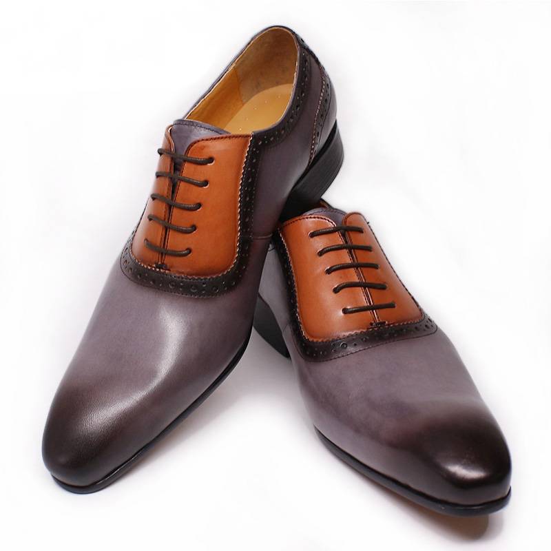 Gray Hand Polished Pointed Two Double Colors Men Oxford Shoes