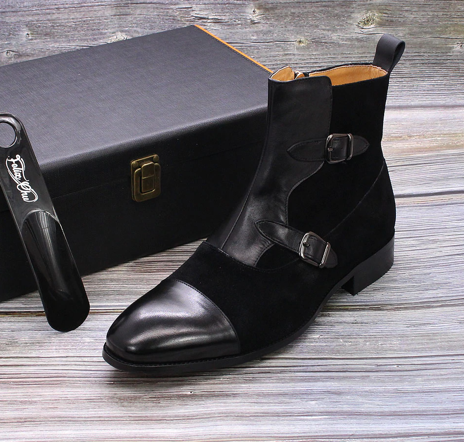 Glossy Suede Style Leather Monk Boots