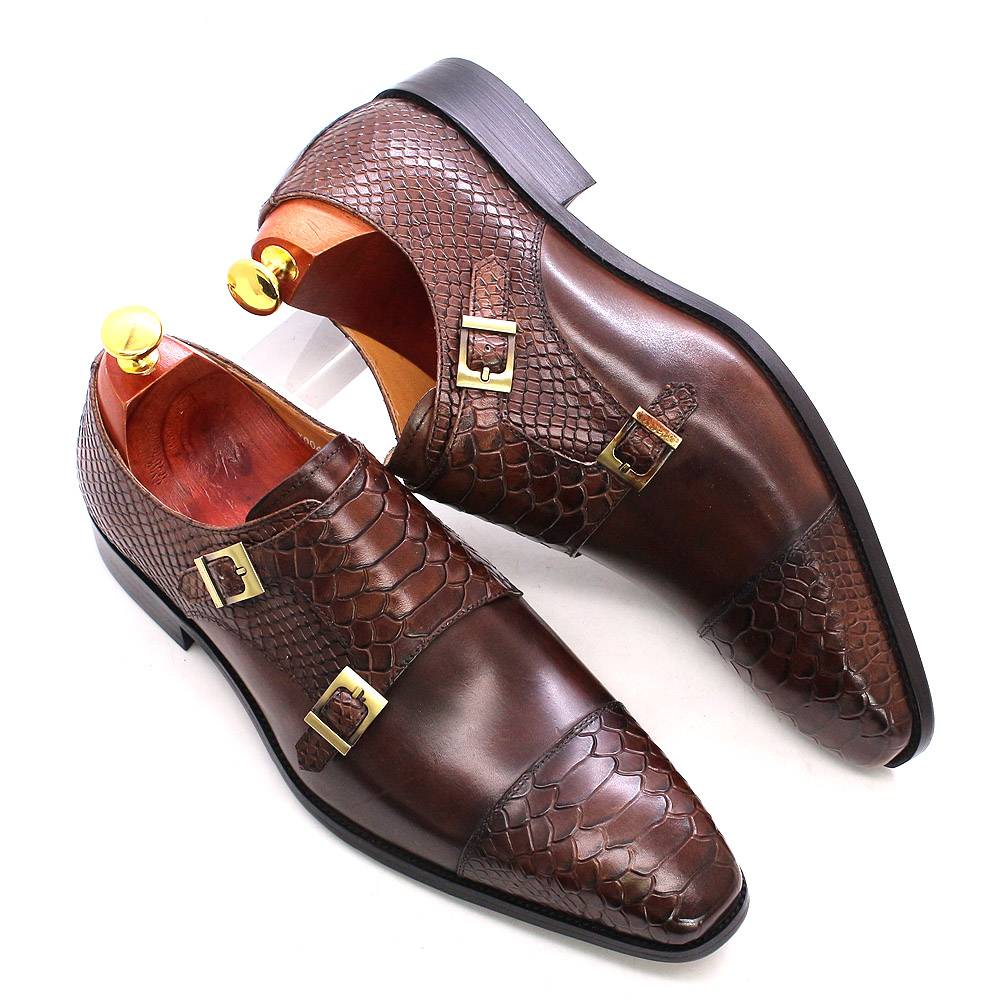 Snakeskin Patterned Leather Monk Shoes