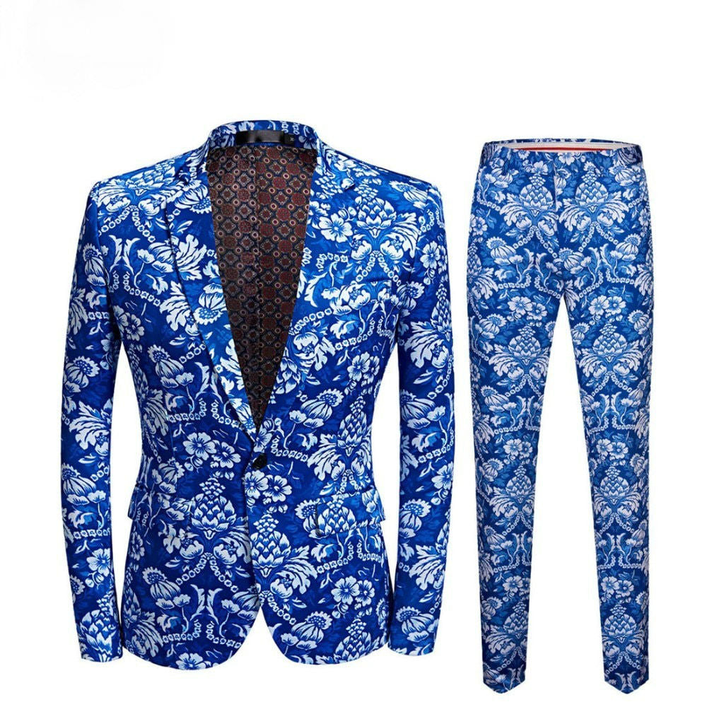 Vintage Floral White Blue Print Men Slim Fit Suit