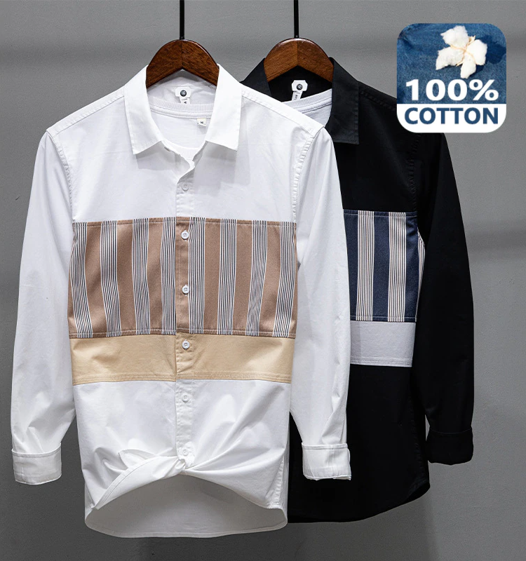 Striped Patchwork Cotton Long Sleeve Shirt