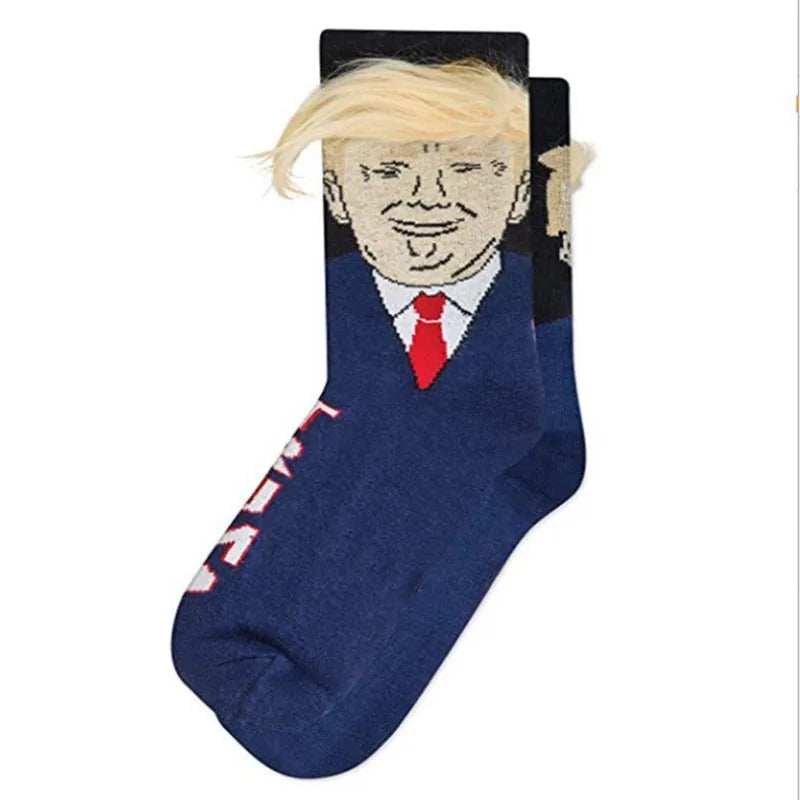 President Face With 3D Fake Hair Crew Socks