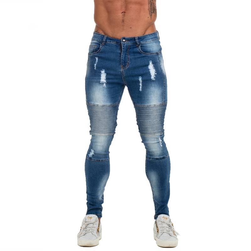 Pleated Distressed Skinny Blue Biker Style Men Jeans