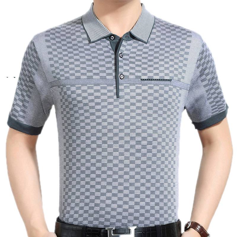 Plaid Pattern Decorated Solid Color Polo Shirt