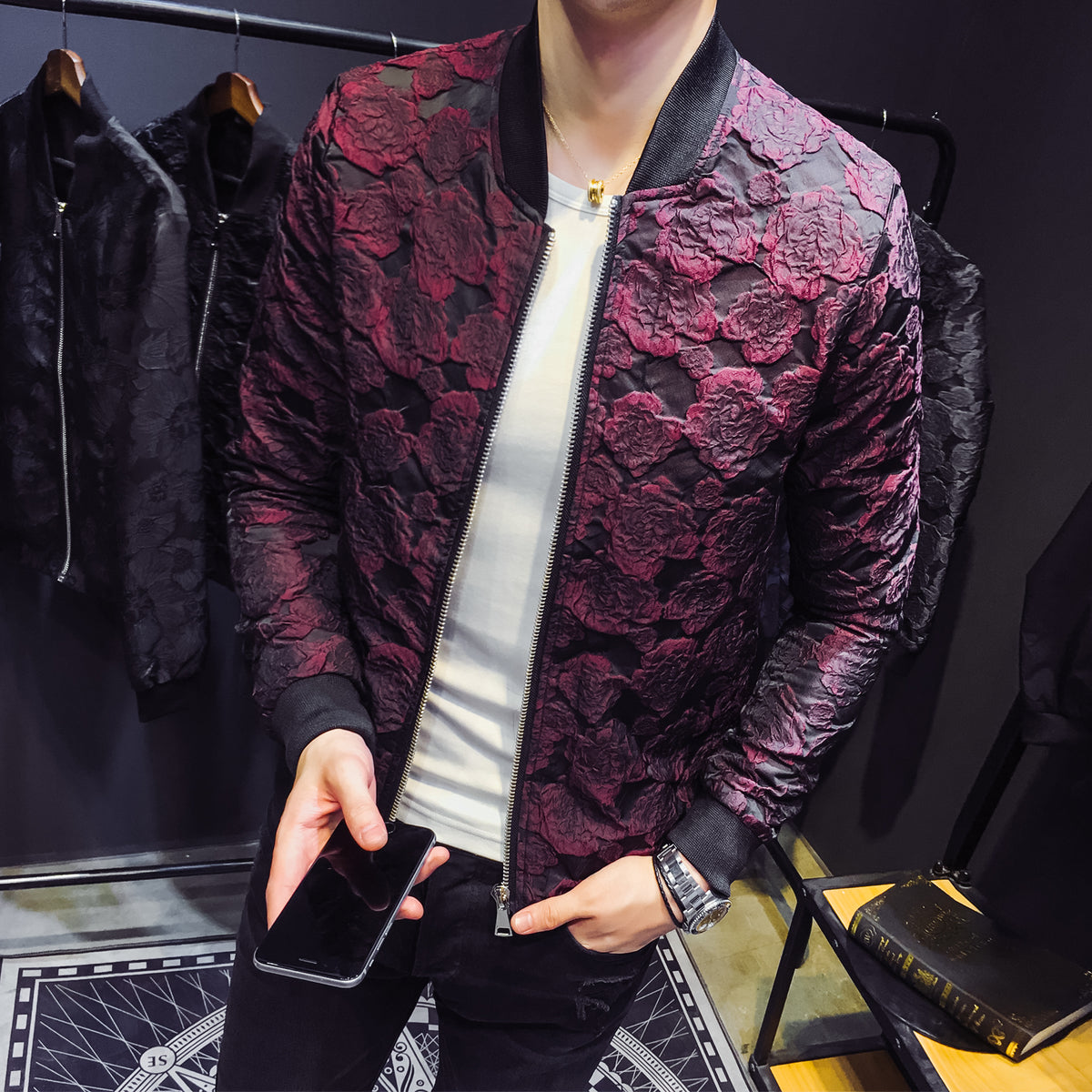 Jacquard Floral Men Slim fit Bomber Jackets - FanFreakz