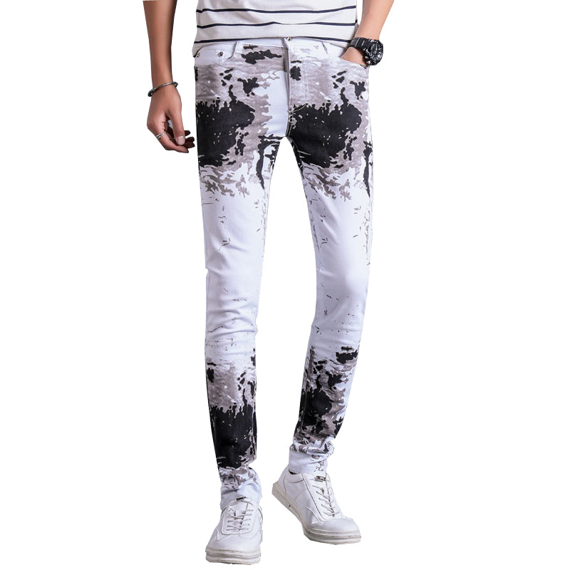 Dirty black Oil Splash Print Art Men Slim Fit Skinny Jeans - FanFreakz