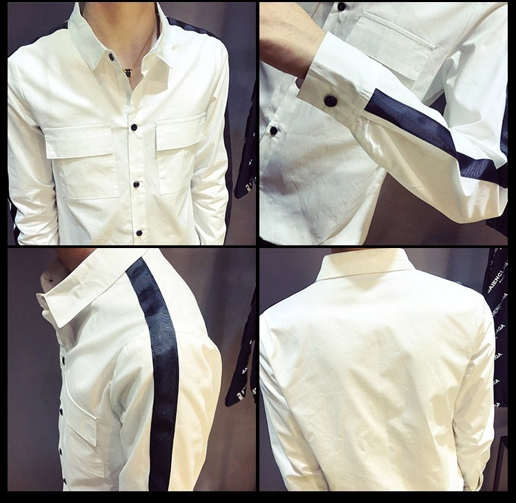 Cotton Double Pocket Stripe Sleeves Men Slim Shirt - FanFreakz