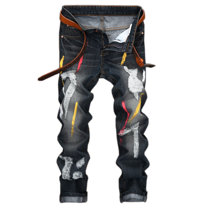 Ripped Jeans with Paint Details Men Straight Cut Jeans - FanFreakz