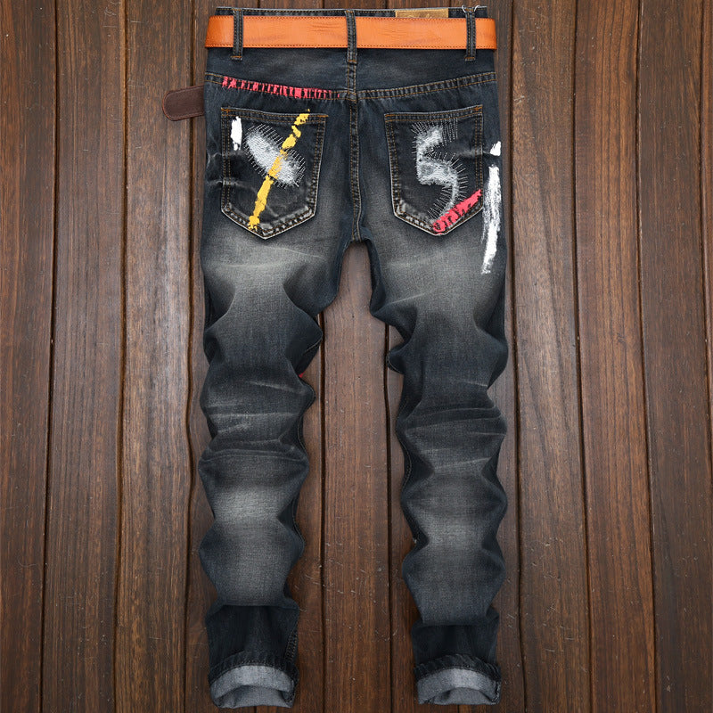 Ripped Jeans with Paint Details Men Straight Cut Jeans - FanFreakz