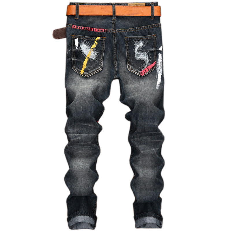 Ripped Jeans with Paint Details Men Straight Cut Jeans - FanFreakz