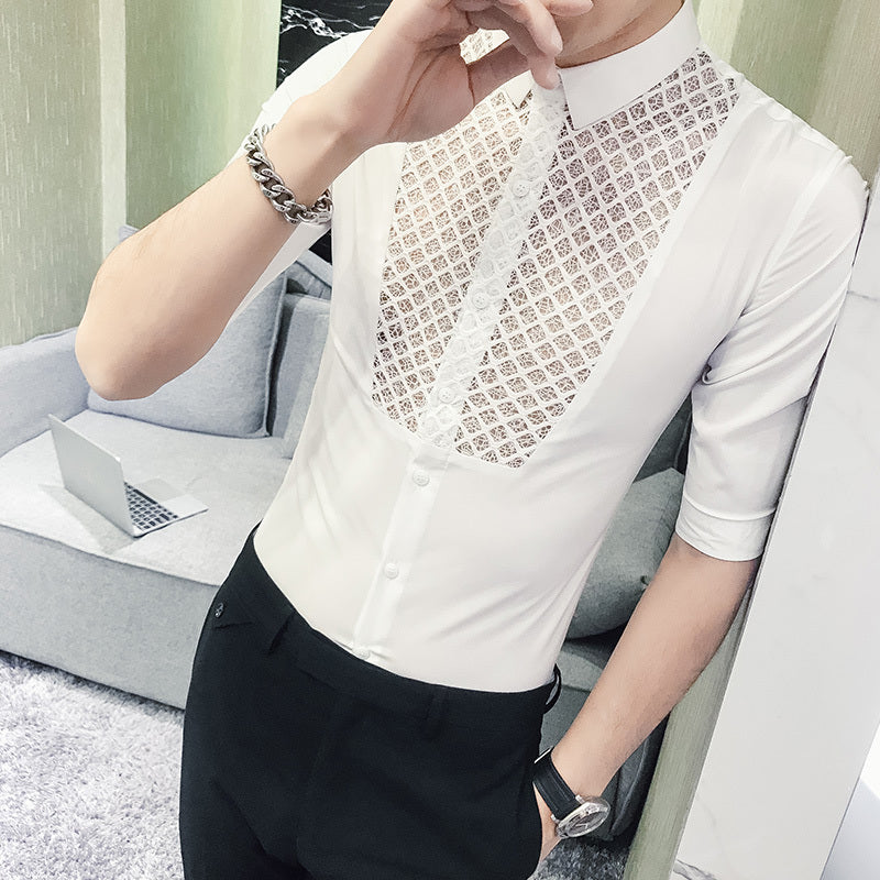 Chest Lace Details Men Slim Fit Short Sleeves Shirts - FanFreakz