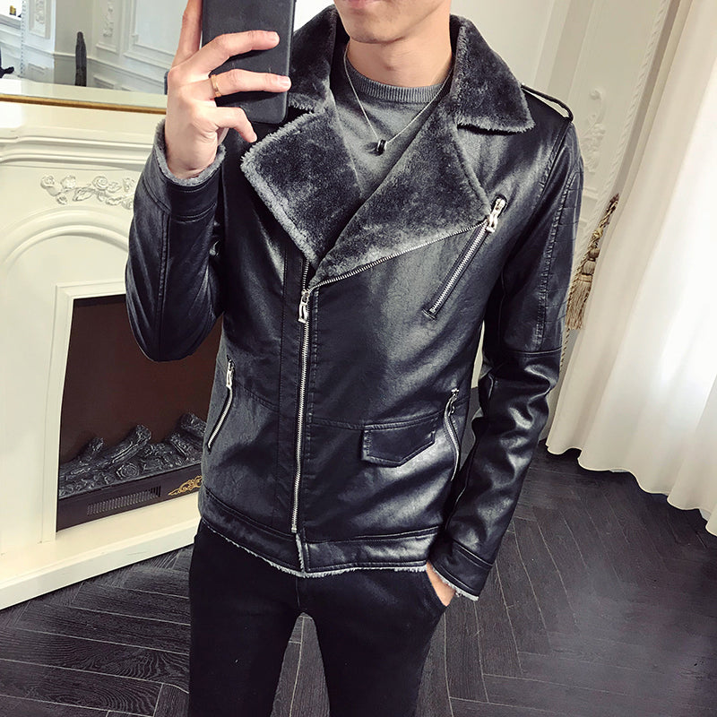 Black and Grey Warm Winter Casual Men Leather Jacket - FanFreakz