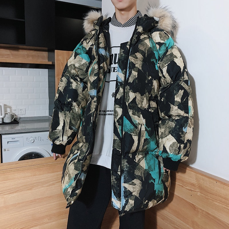 Fur Hoodie Abstract Printed Streetwear Style Men Warm Jacket