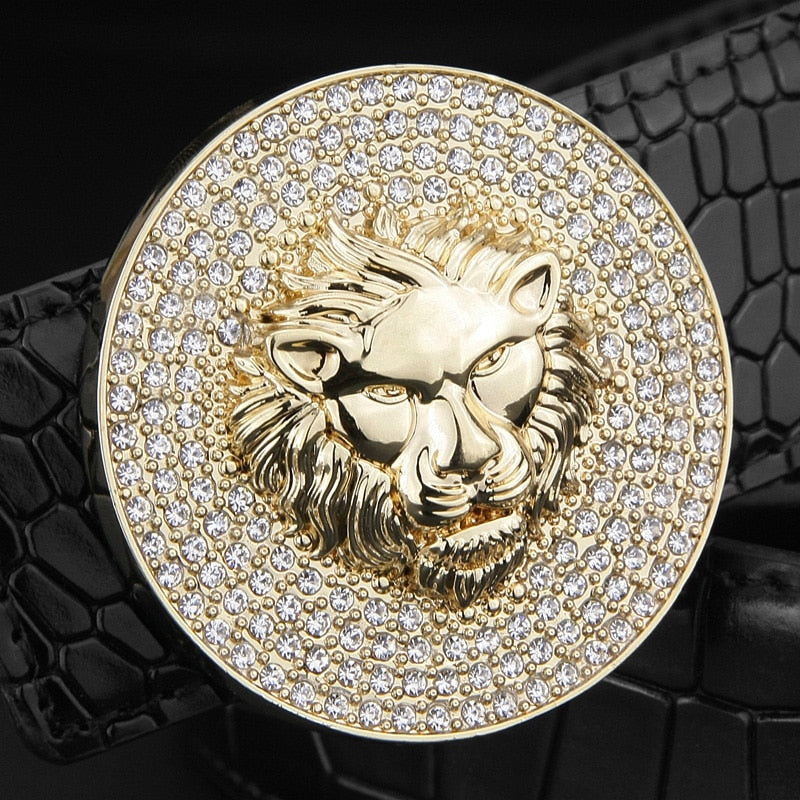 Genuine Leather Luxury Round Metal Alloy Buckle Lion Belt