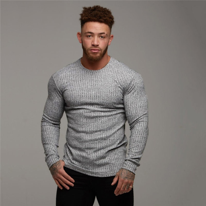 Ribbed Knit O Neck Men Slim Fit Pullover