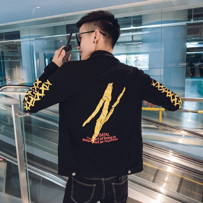 Black with Casual Yellow Pattern Slim Fit Buttoned Style Men Jacket