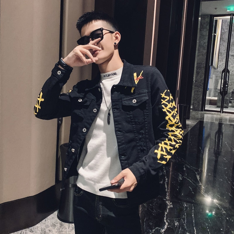 Black with Casual Yellow Pattern Slim Fit Buttoned Style Men Jacket