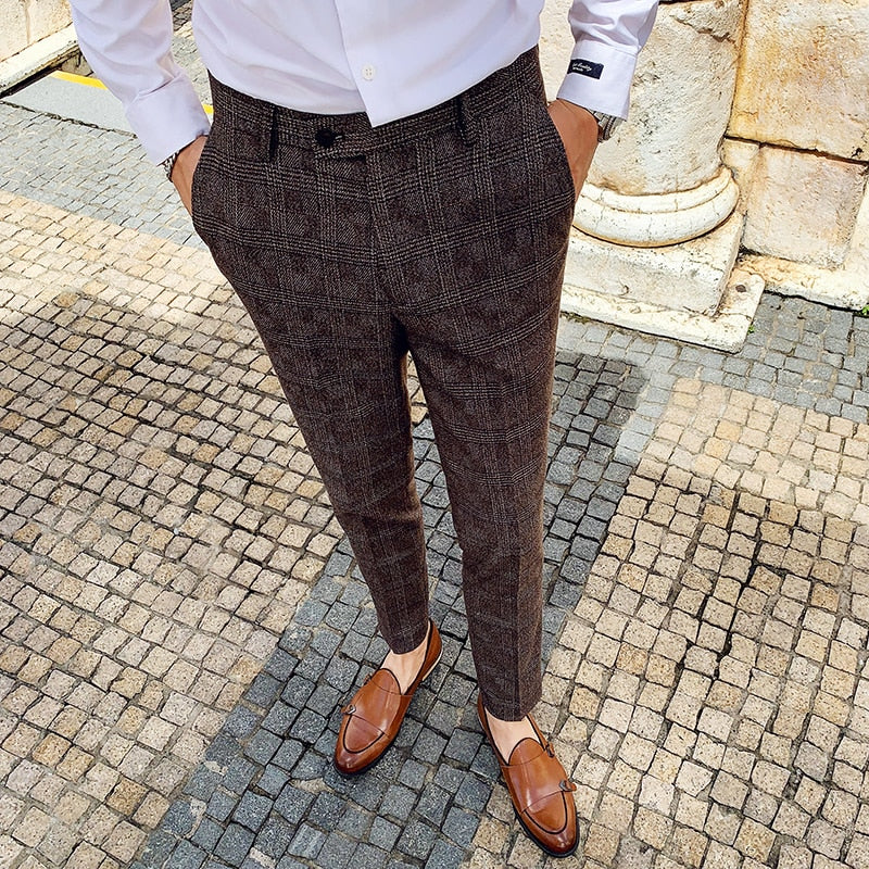 Classic Plaid Buttoned Waist Men Formal Trousers