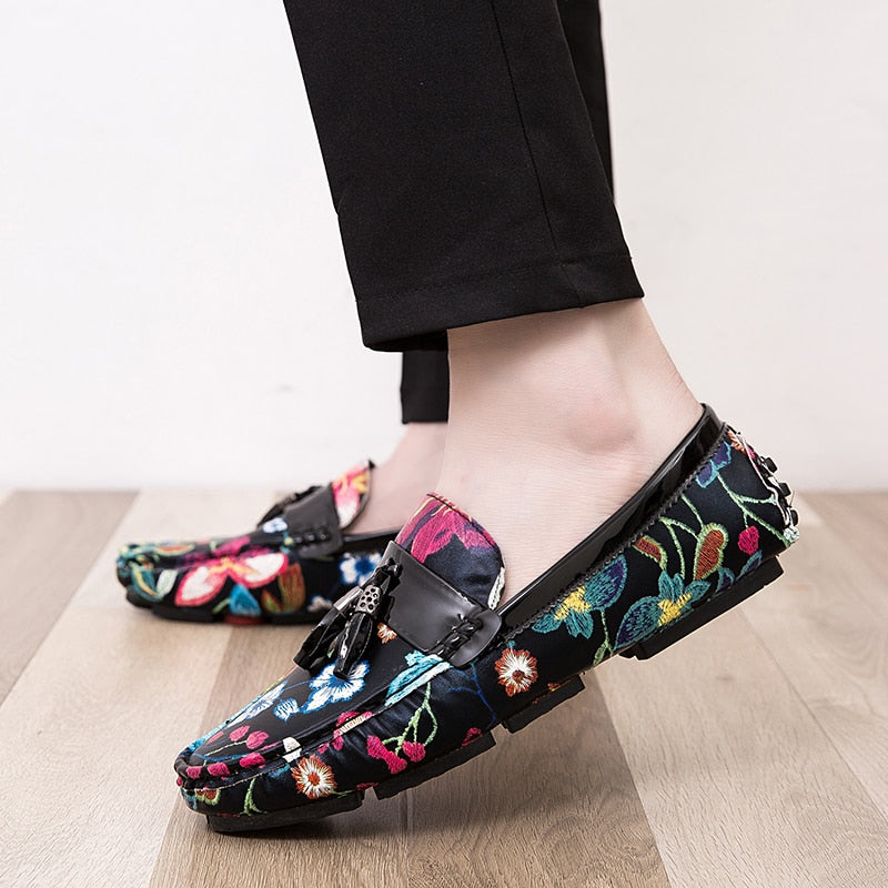 Casual Summer Floral in Black with Tassel Detail Men Loafers Shoes