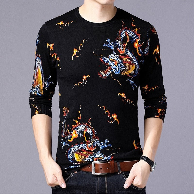 Gold Dragon with Fire Sparks Graph Print Men Pullover Shirt