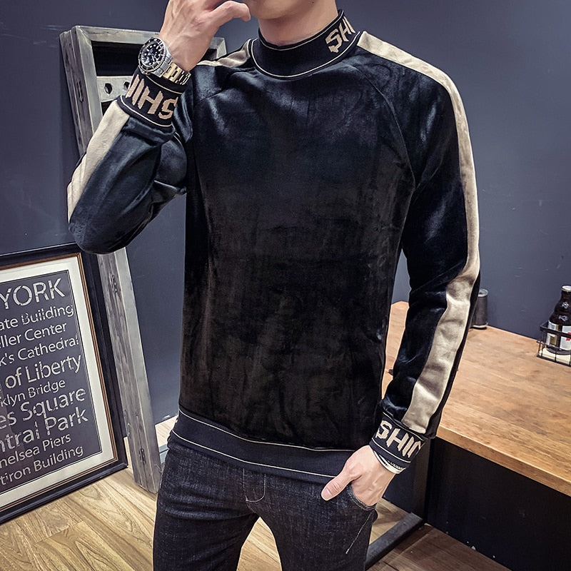 Velvet Turtleneck with Stripe Sleeve Men Pullover Shirt