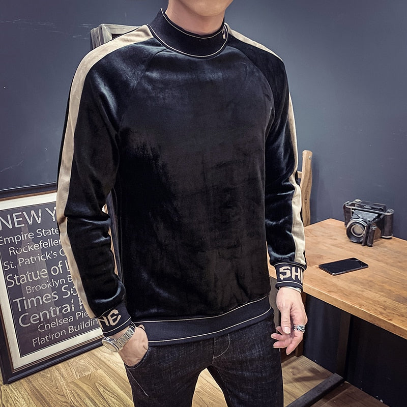 Velvet Turtleneck with Stripe Sleeve Men Pullover Shirt