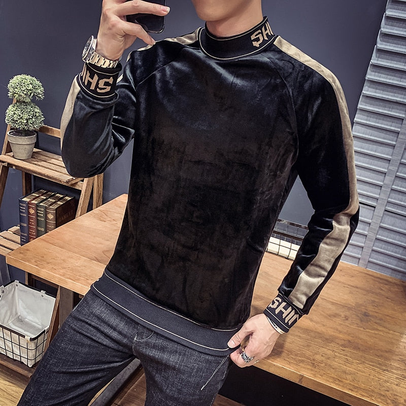 Velvet Turtleneck with Stripe Sleeve Men Pullover Shirt