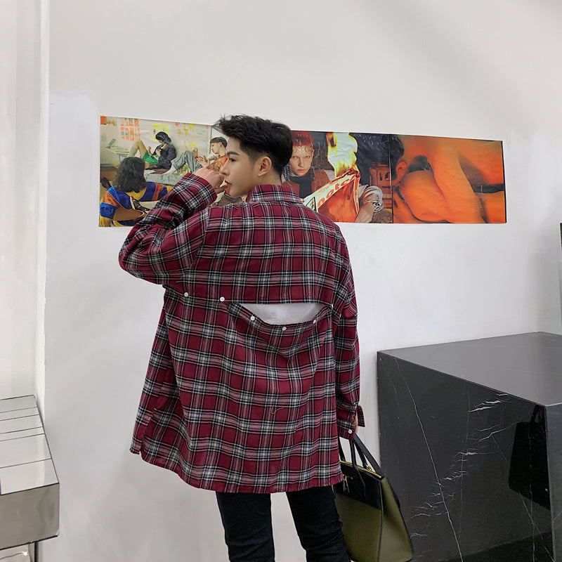 Plaid Retro Oversized with Back Button Men Long Sleeve Streetwear Shirt