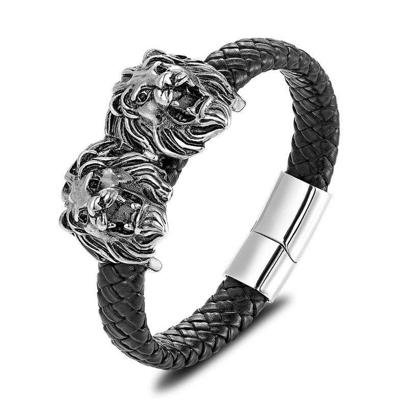 Gold Lion Punk Stainless Steel with Leather Rope Design Men Bracelet